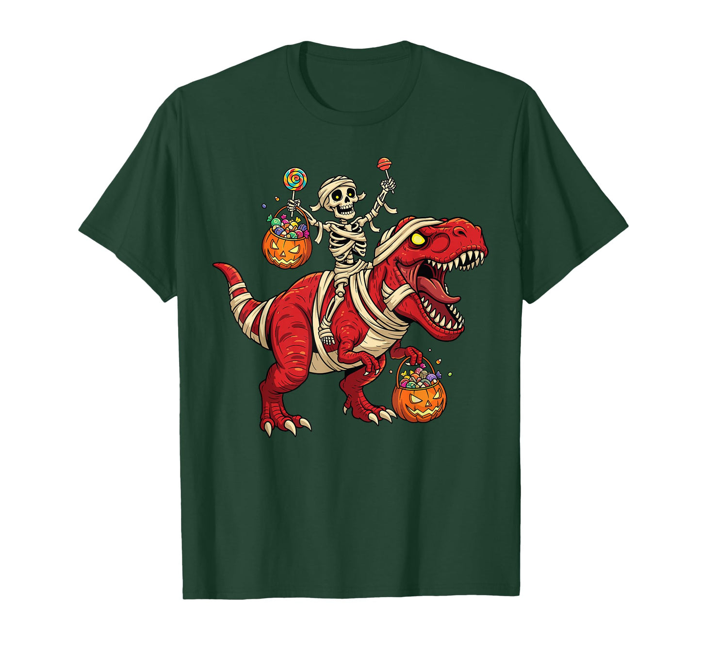 Skeleton Riding Mummy Dinosaur T rex Halloween Funny Pumpkin T-Shirt