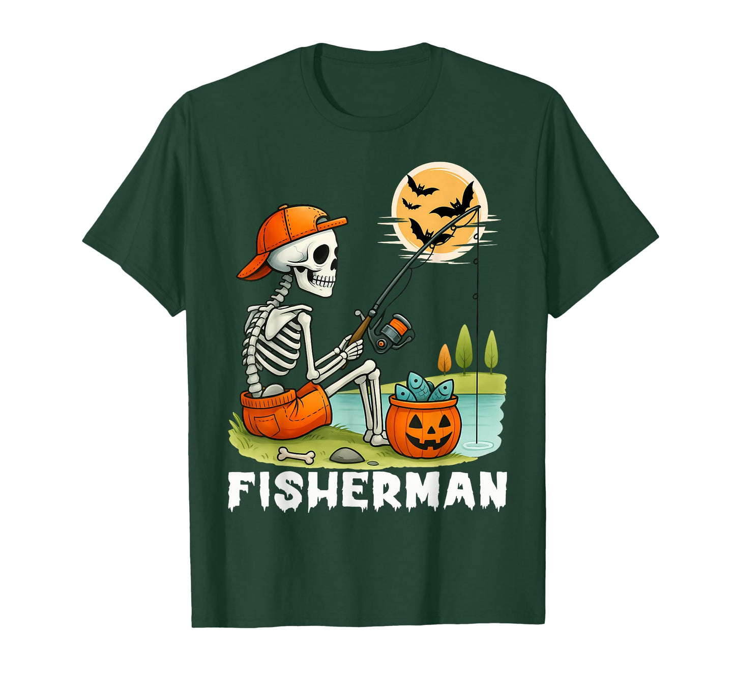 Skeleton Fisherman Halloween Fishing Men Women Kids T-Shirt
