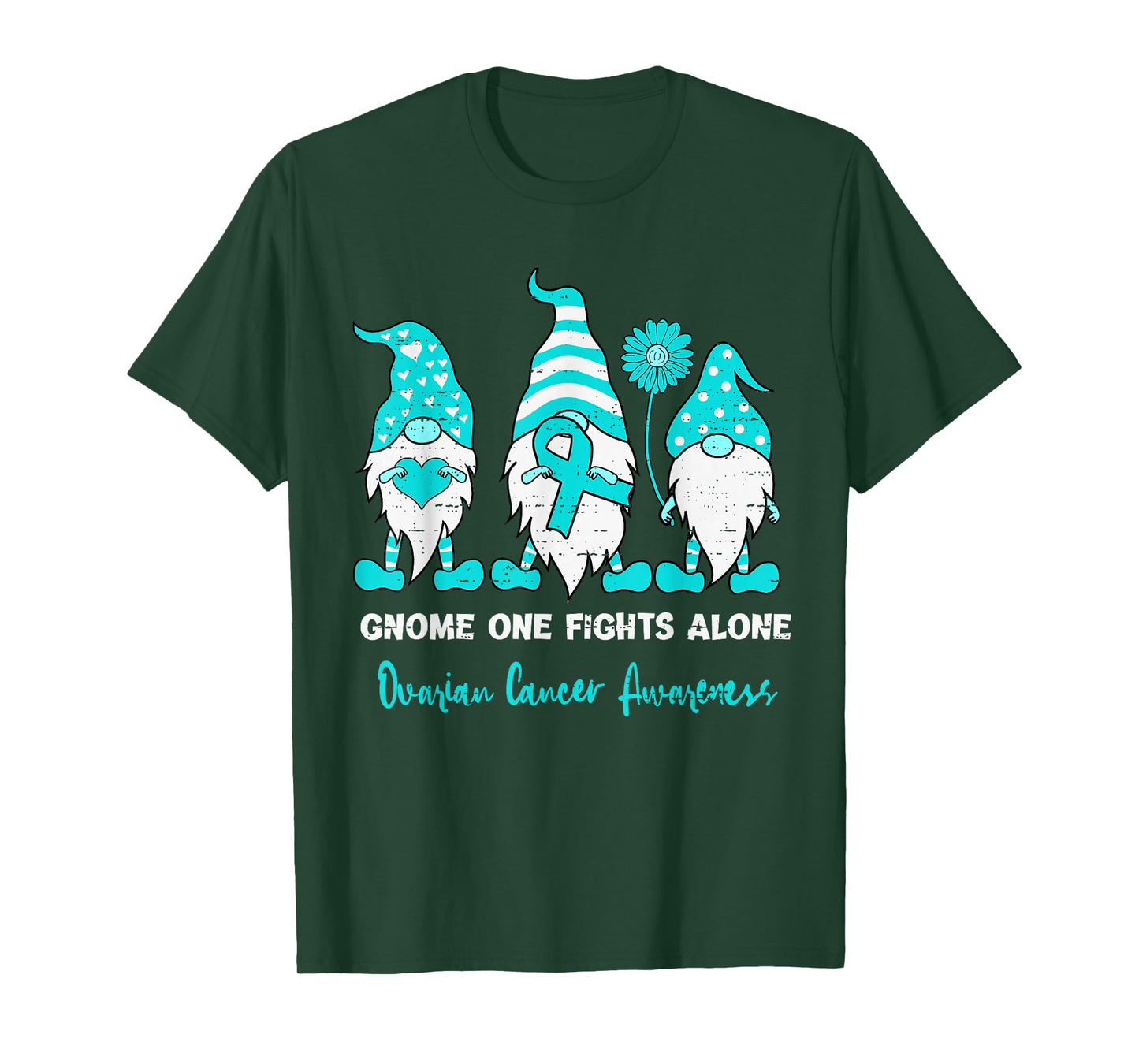 Ovarian Cancer Awareness Gnome Ribbon Teal Girl Kid Teen Boy T-Shirt