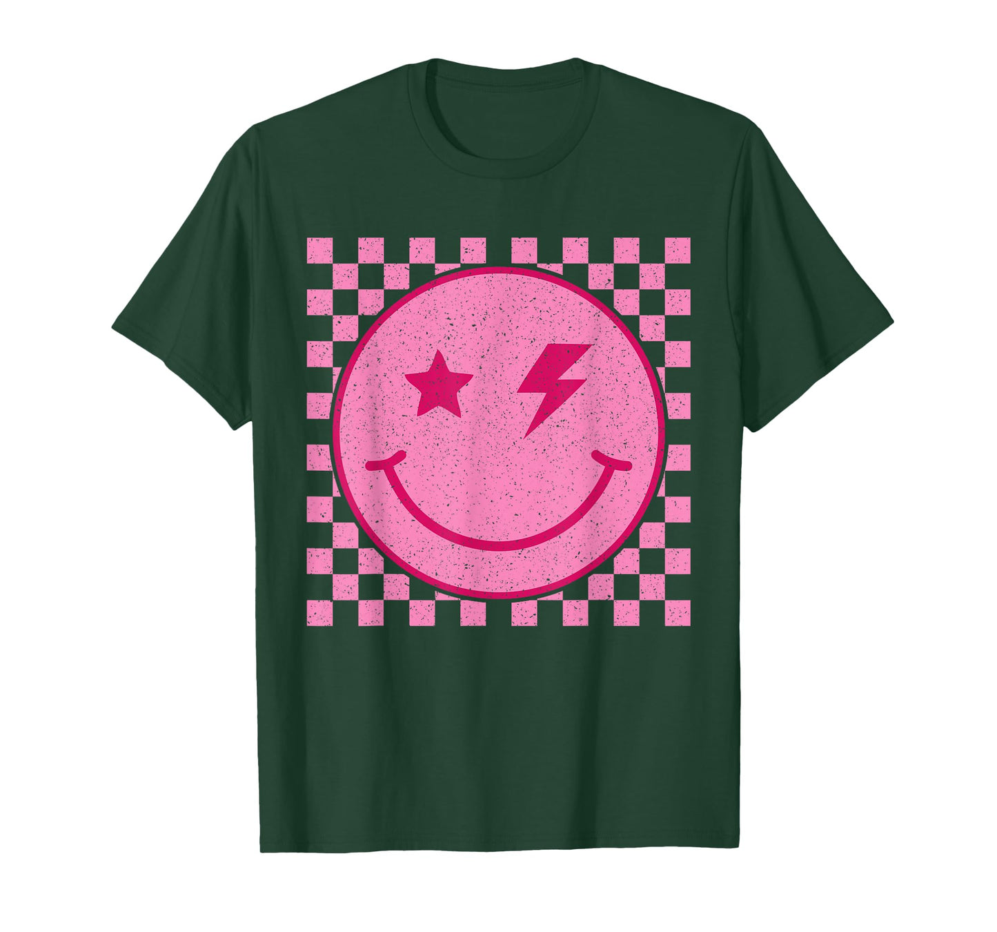 Retro Pink Happy Face Checkered Pattern Smile Face Trendy T-Shirt
