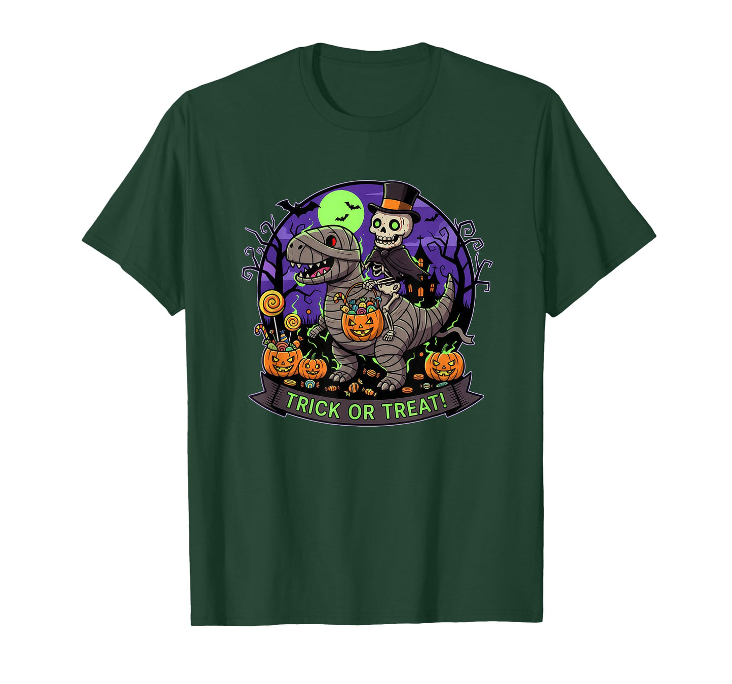 Trick or Treat Skeleton Riding a Mummy Dinosaur and Pumpkin T-Shirt