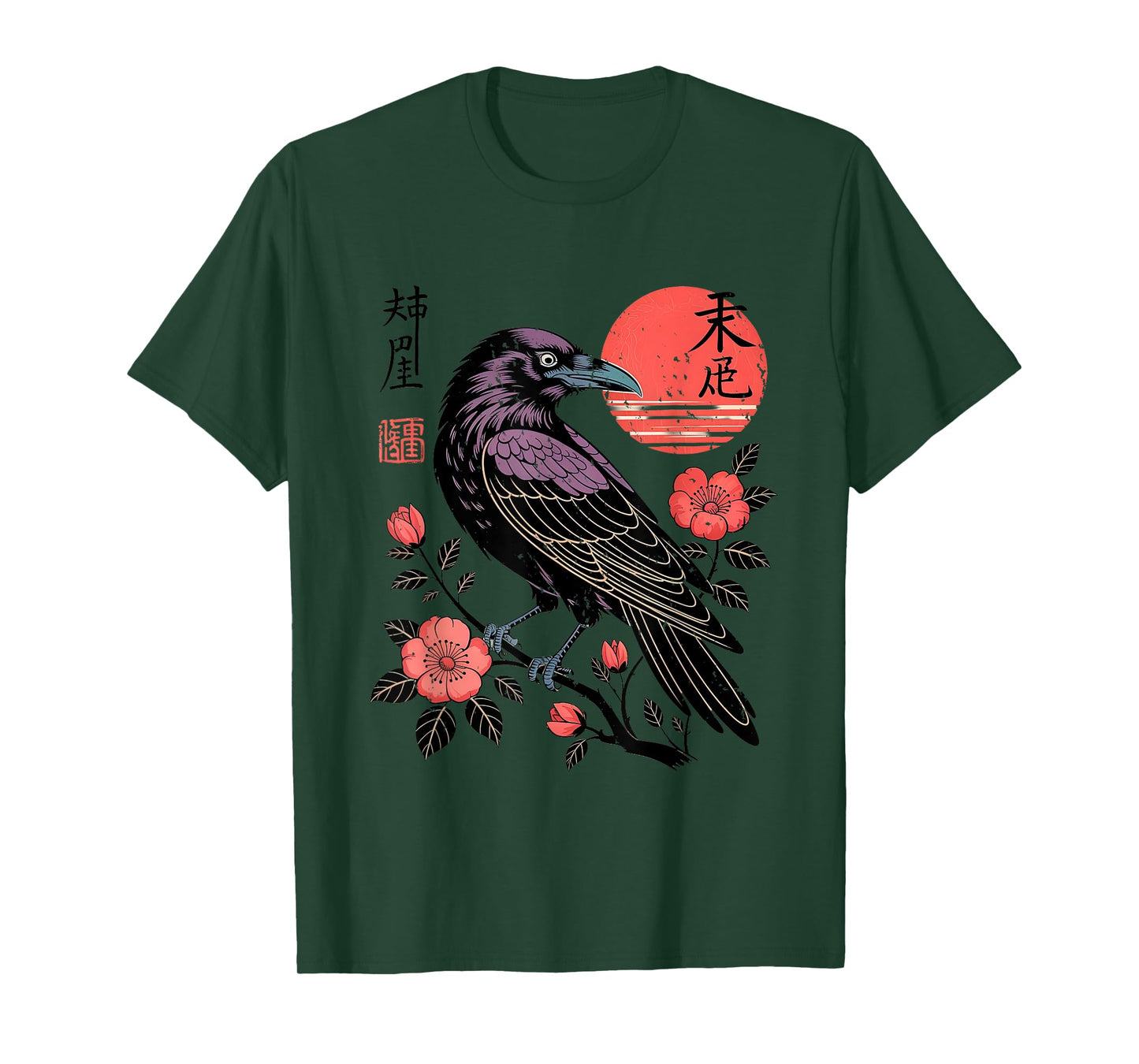 Raven with Poppies Moon and Flowers Gothic Botanical Crow T-Shirt