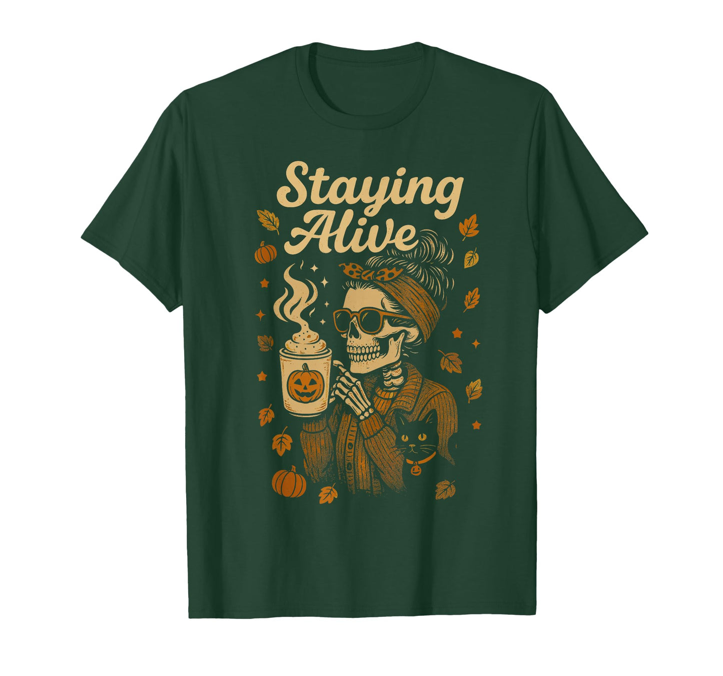 Staying Alive Skeleton Coffee Lover Retro Halloween T-Shirt