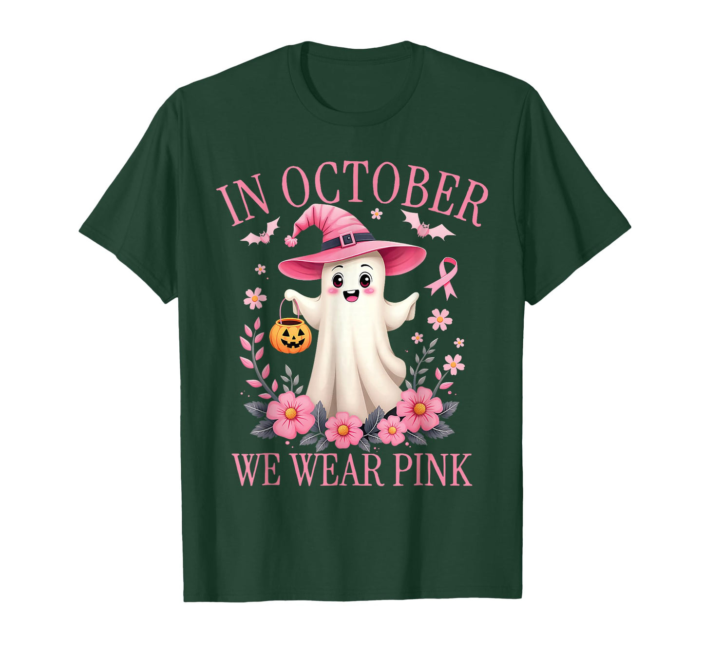 in October We Wear Pink Ghost Witch Breast Cancer Awareness T-Shirt