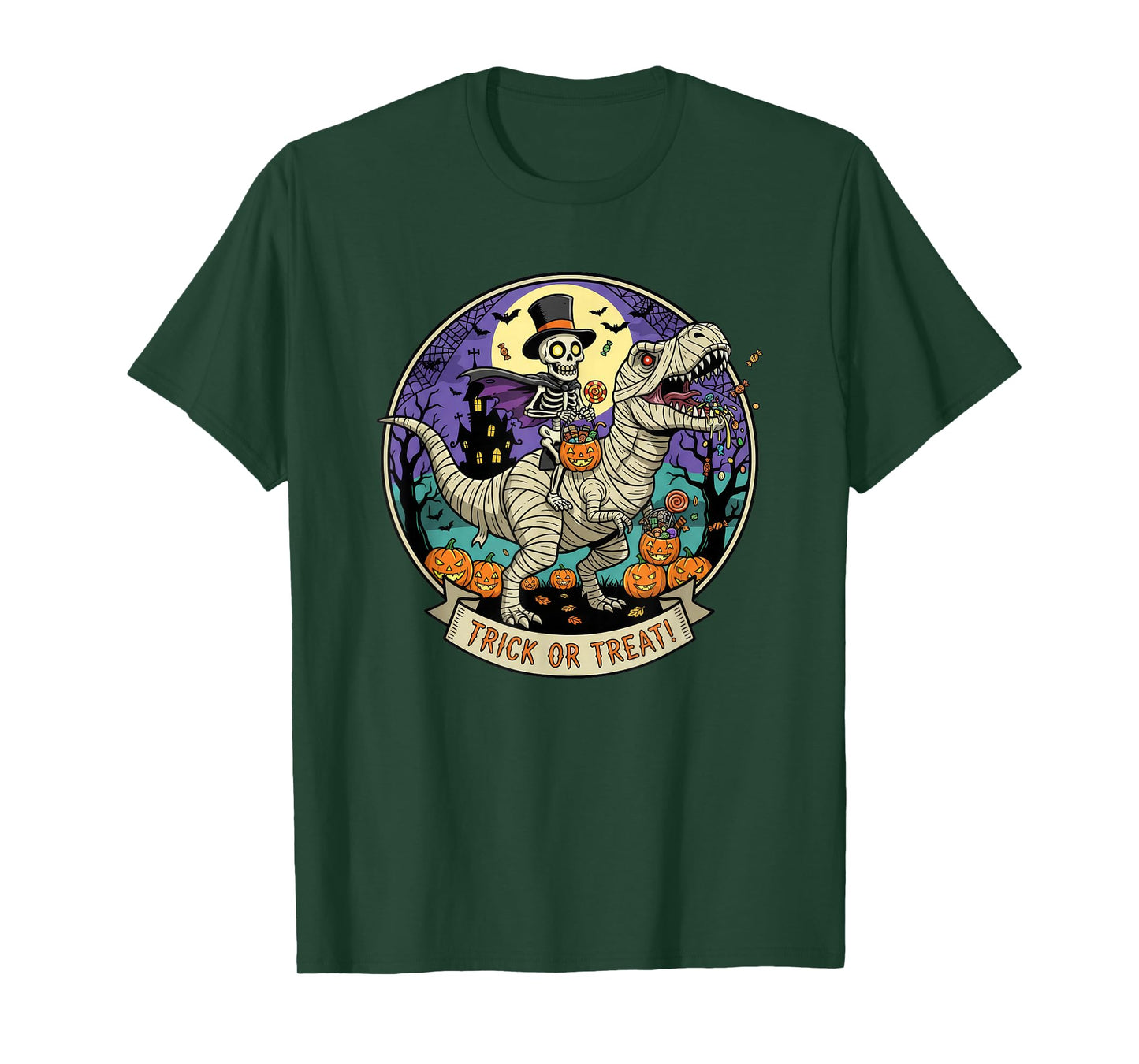 Skeleton Riding a Mummy Dinosaur Funny Halloween Pumpkin T-Shirt