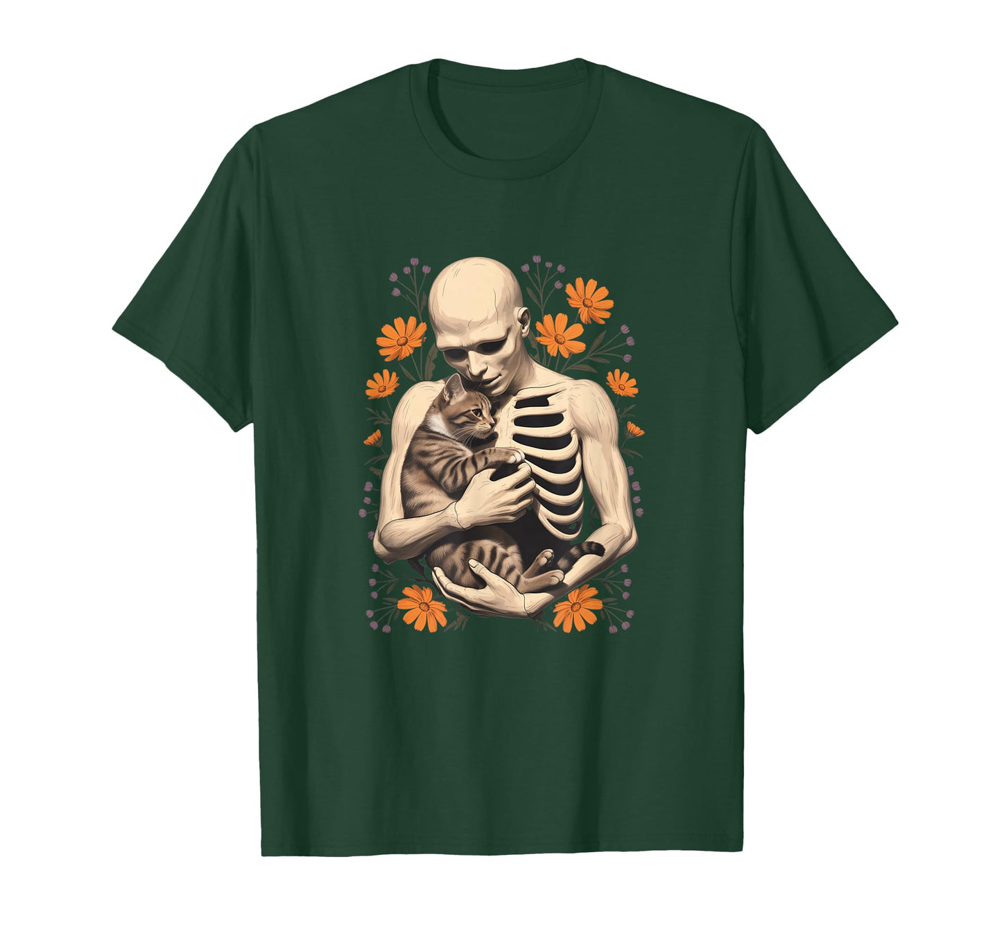 Funny Skeleton Hugging Cat Floral Halloween Cats Lover T-Shirt