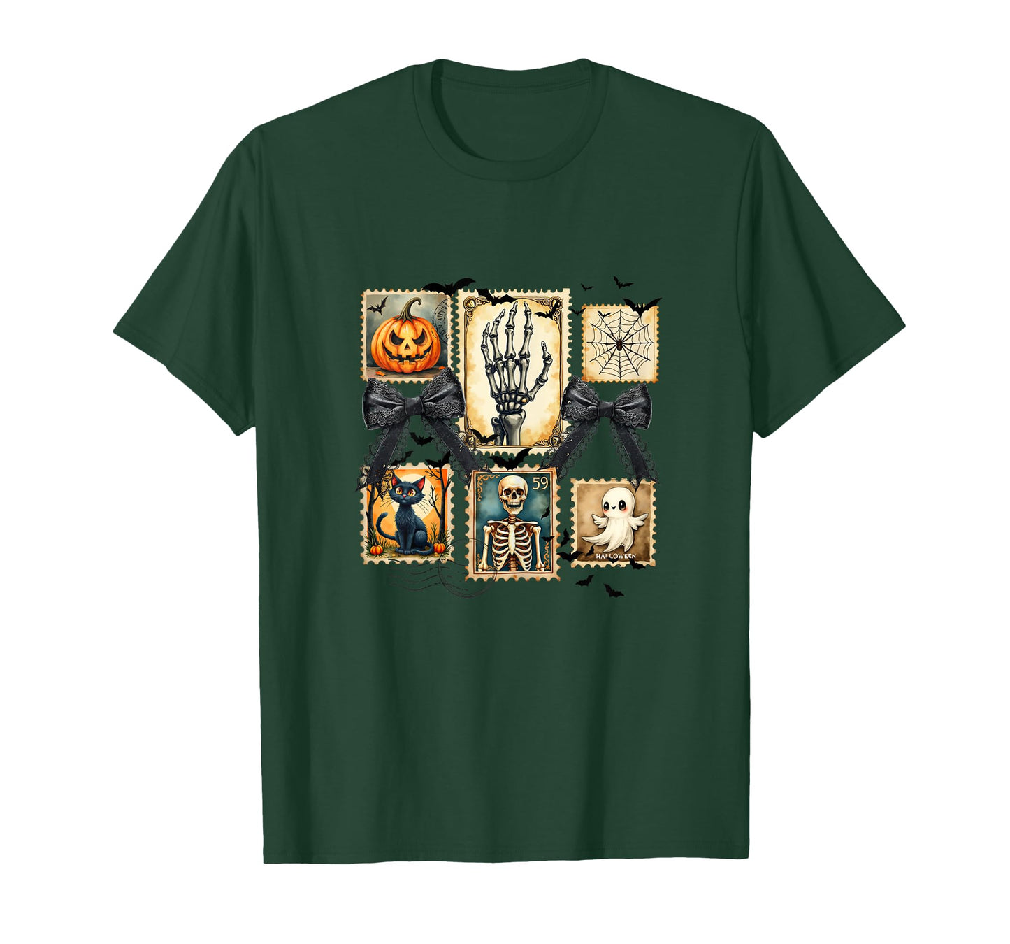 Vintage Halloween Skeleton Cat Ghost Pumpkin Art T-Shirt
