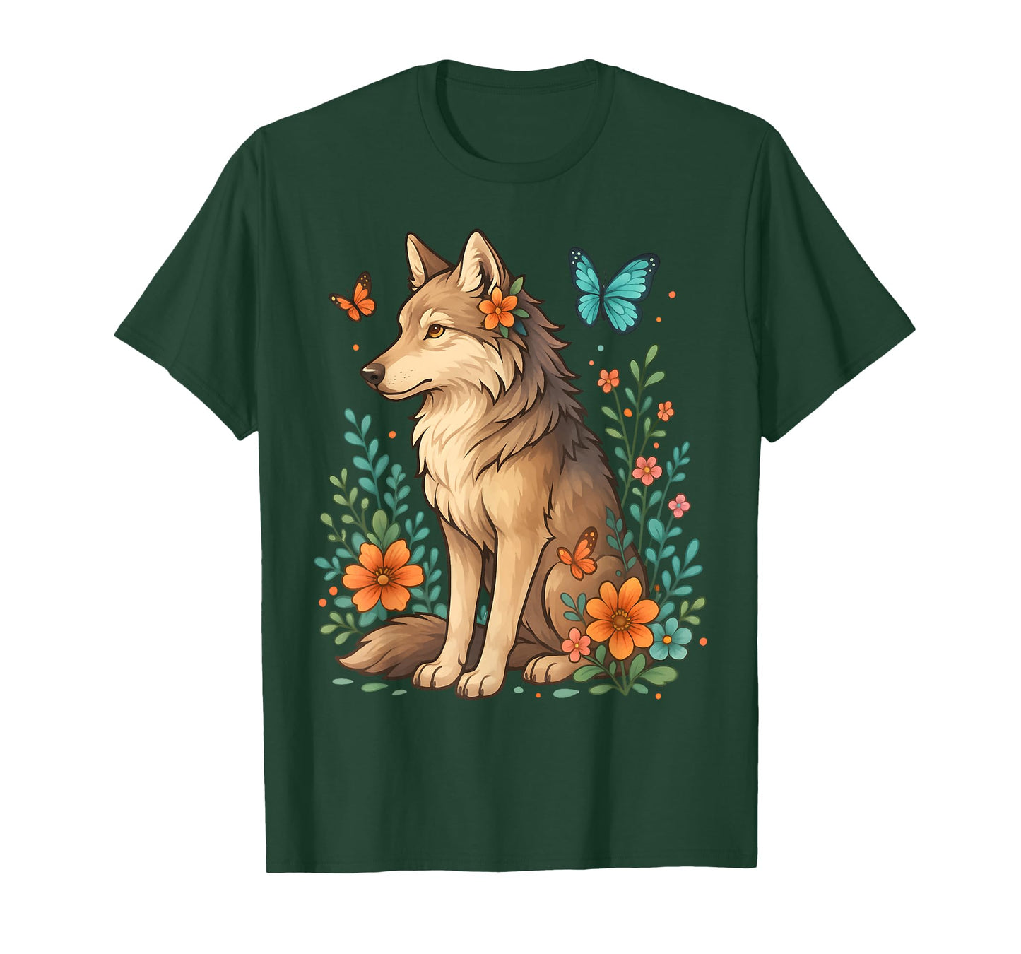 Floral Wolf With Butterflies Mystical Forest Nature Lovers T-Shirt