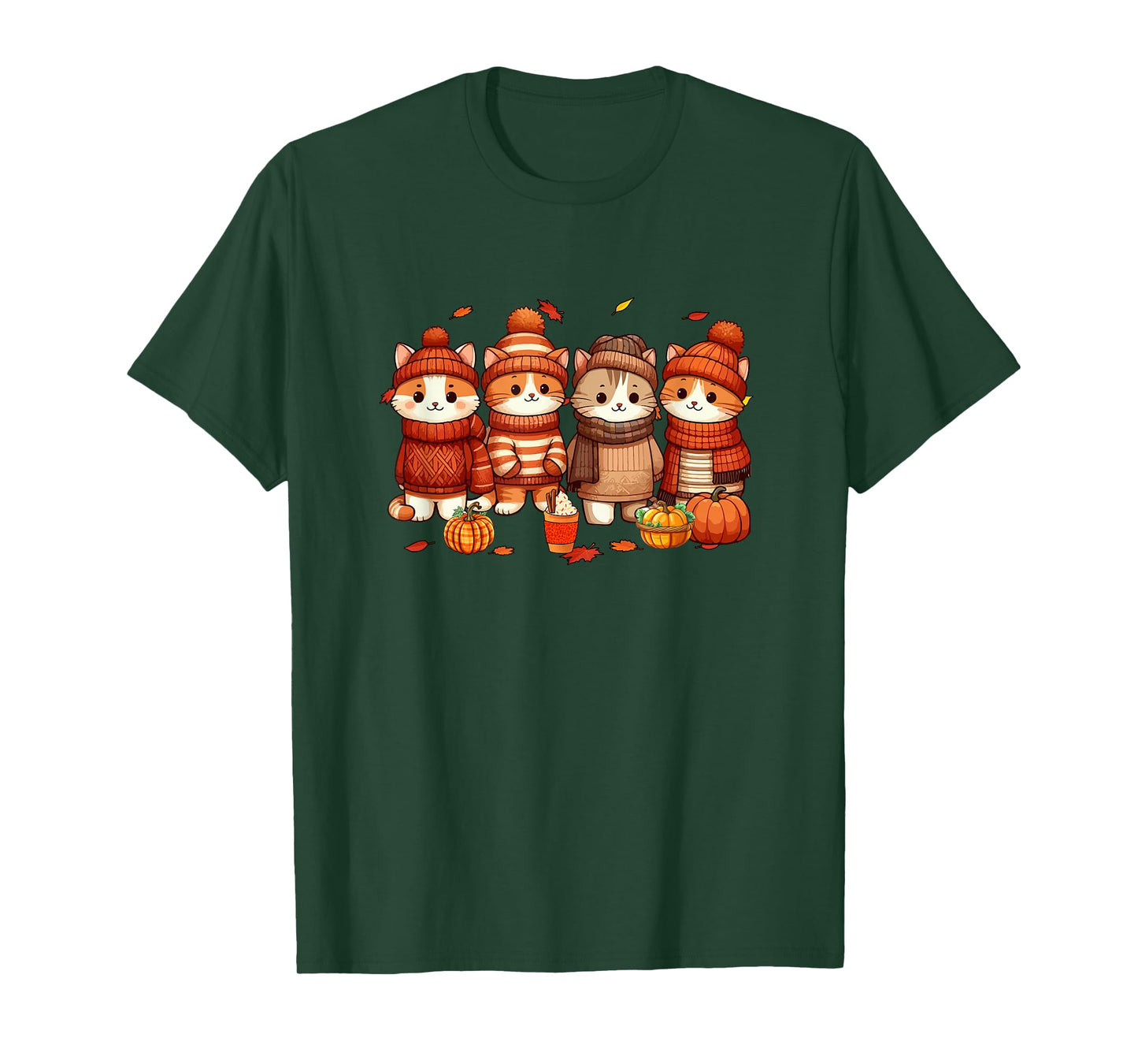 Group Cats Thanksgiving Pilgrim Fall Leaves Pumpkins T-Shirt