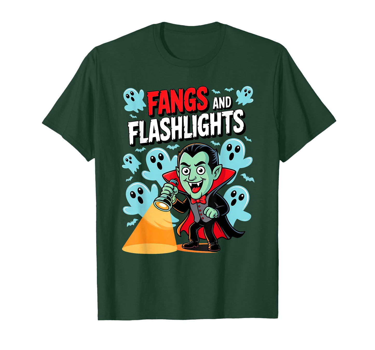 Fangs and Flashlights Funny Vampires Ghost Hunting Halloween T-Shirt