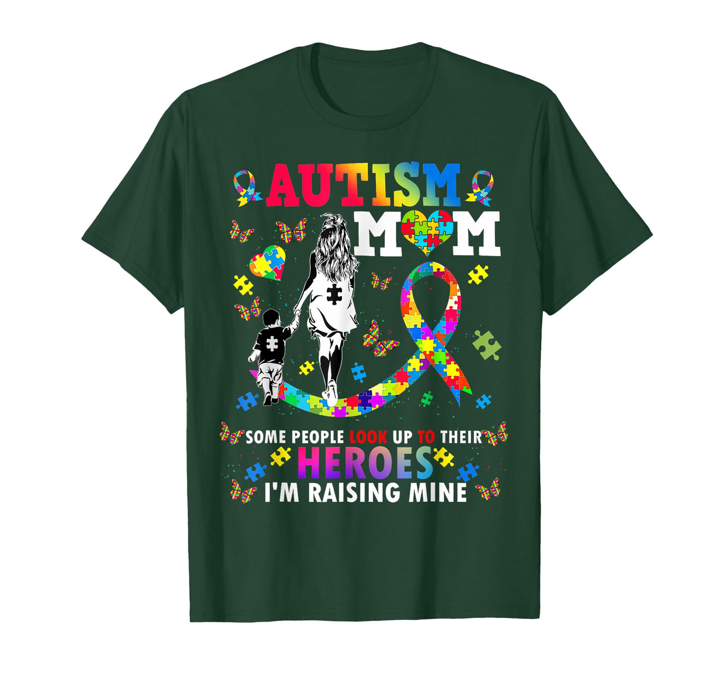 Autism Mom Raising Hero Groovy Heart Puzzle Autism Awareness T-Shirt