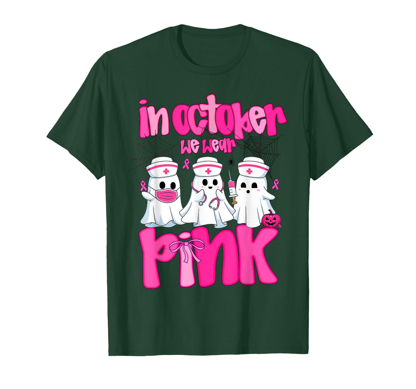 In October We Wear Pink Nurse Ghost Halloween Breast Cancer T-Shirt