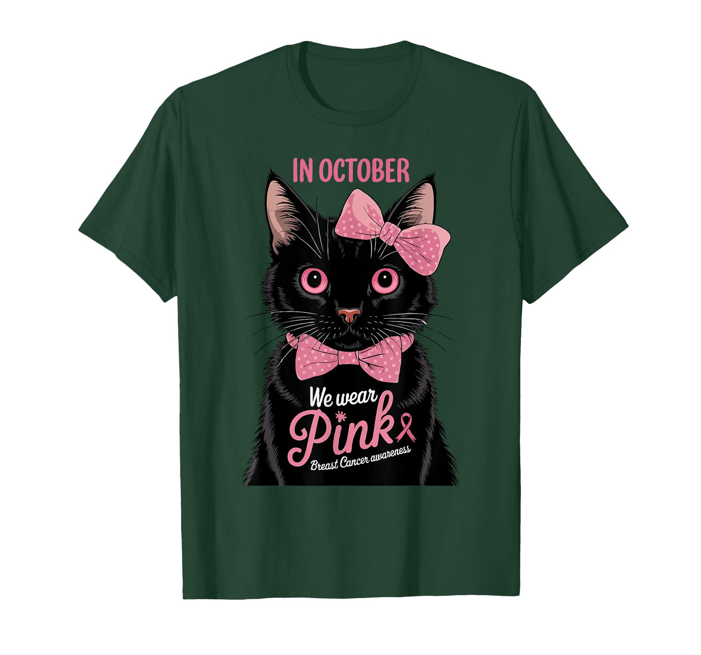 Fun Cat Pink Ribbon In October We Wear Pink Breast Cancer T-Shirt