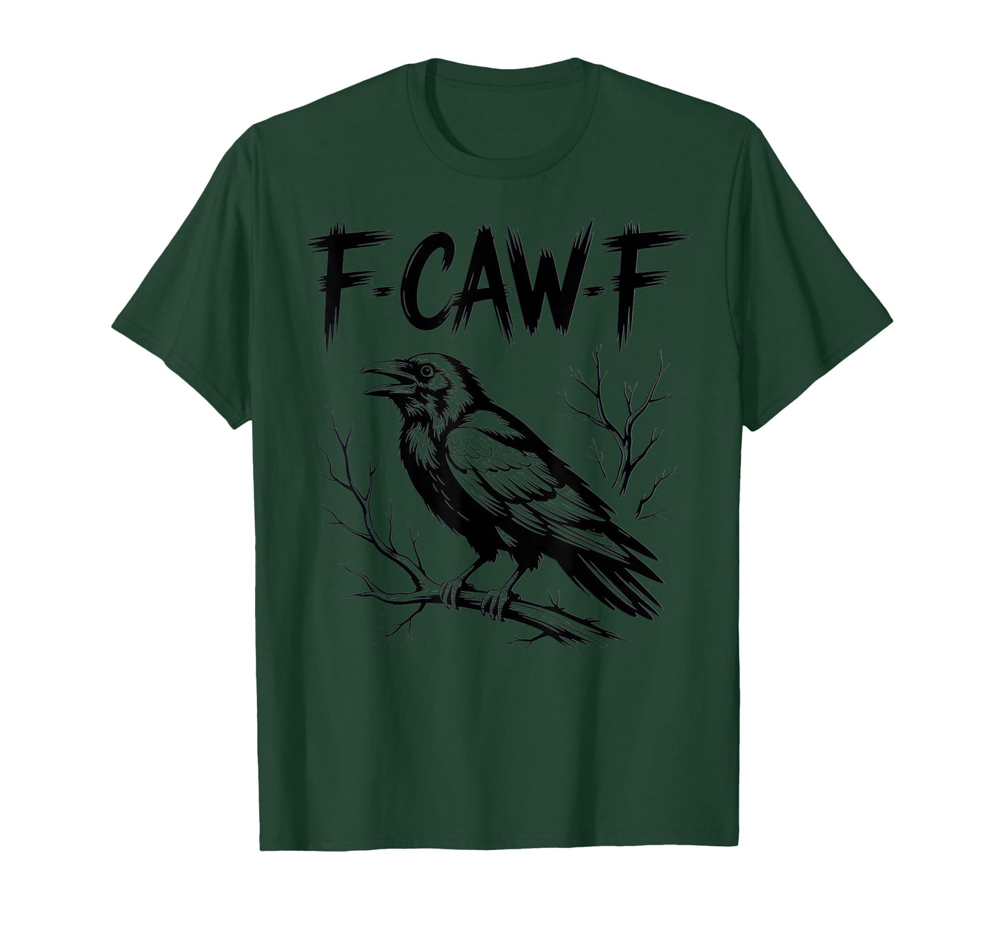 F-CAW-F Gothic Raven Line Art Bird on Branch Dark Humor T-Shirt