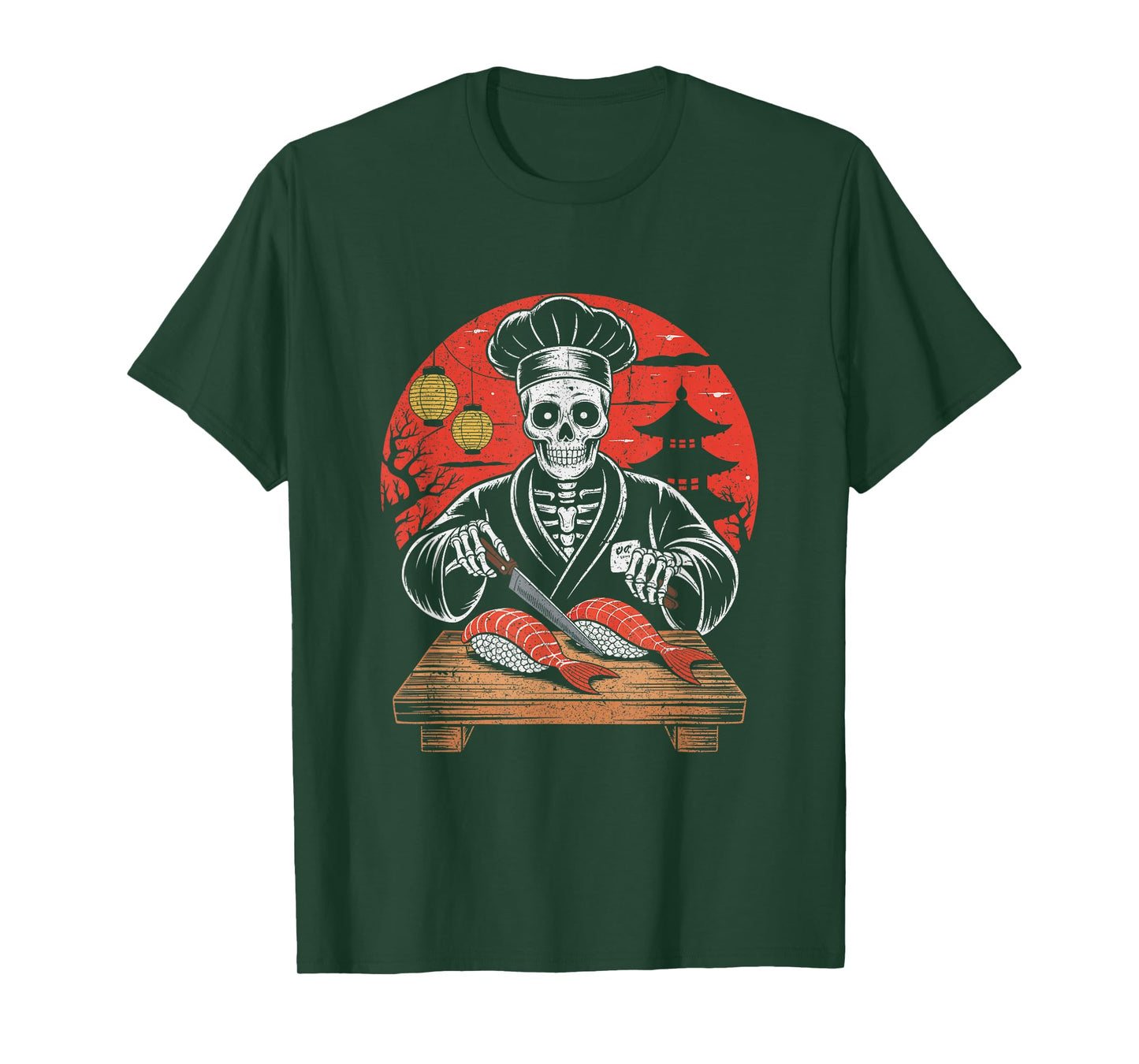 Skeleton Sushi Chef Cutting Salmon Halloween T-Shirt