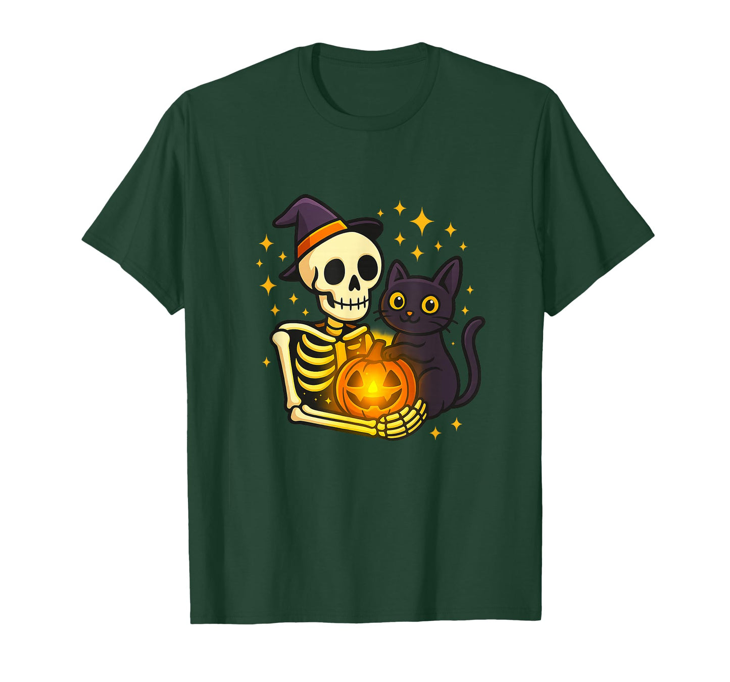 Cute Skeleton Hugging Cat & Pumpkin Halloween T-Shirt