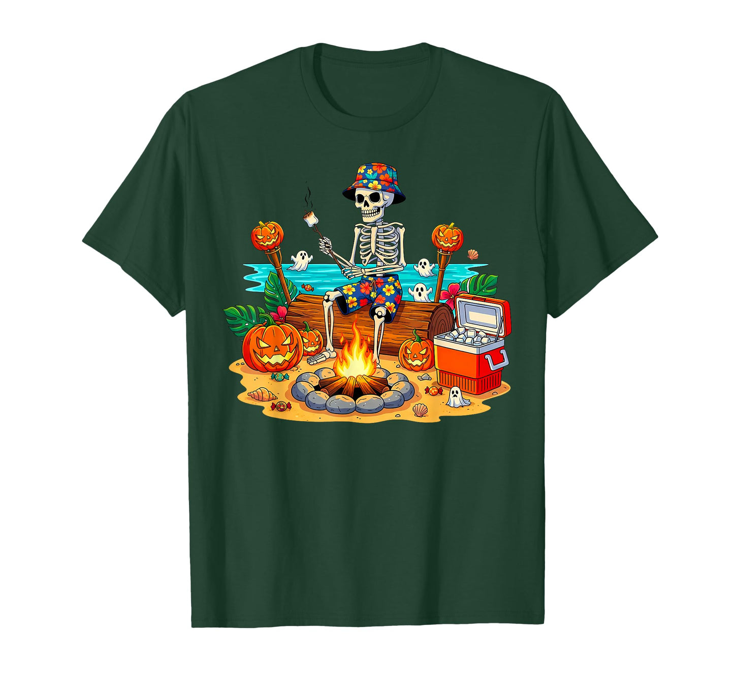 Skeleton Camping Campfire Halloween Pumpkin Spooky T-Shirt