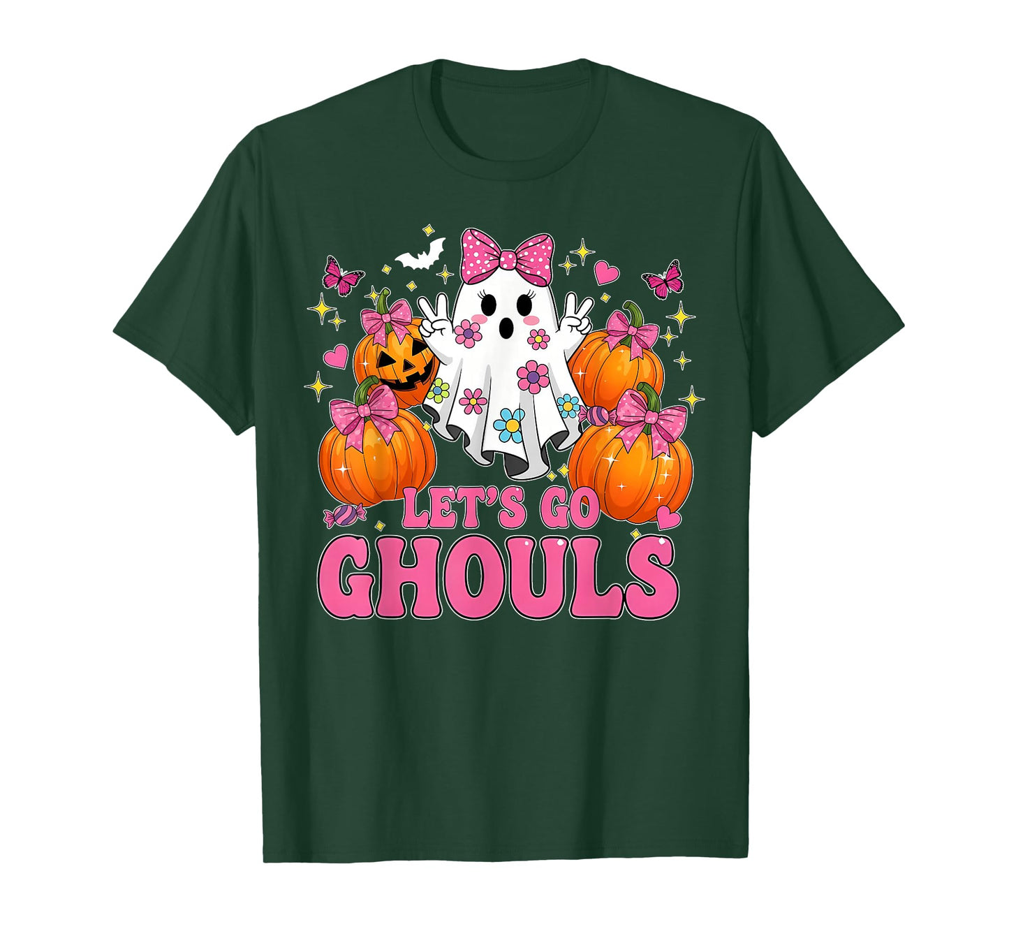 Lets Go Ghouls Ghost Pumpkin Coquette Halloween Girls Women T-Shirt