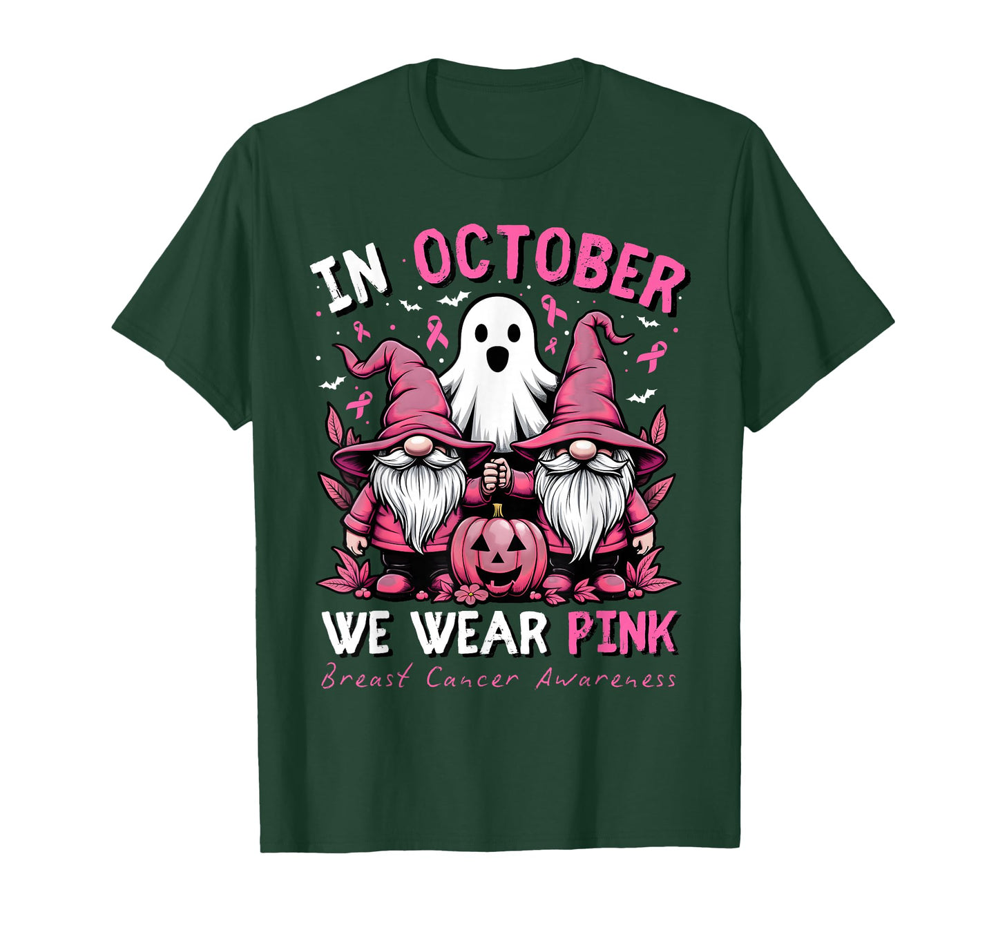 In October We Wear Pink Ghost Gnomes Breast Cancer Awareness T-Shirt