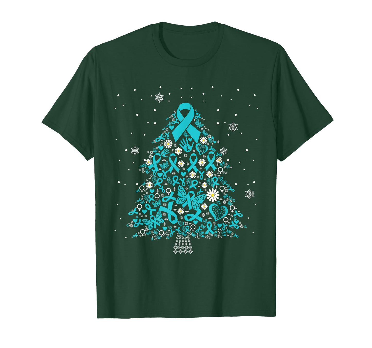 ovarian cancer awareness Christmas tree teal ribbon T-Shirt