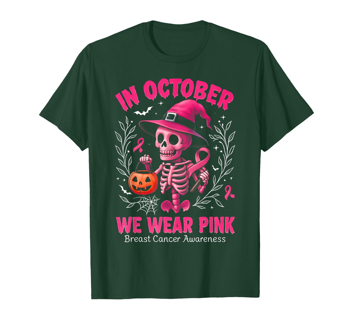 in October We Wear Pink Breast Cancer Women Girls Halloween T-Shirt