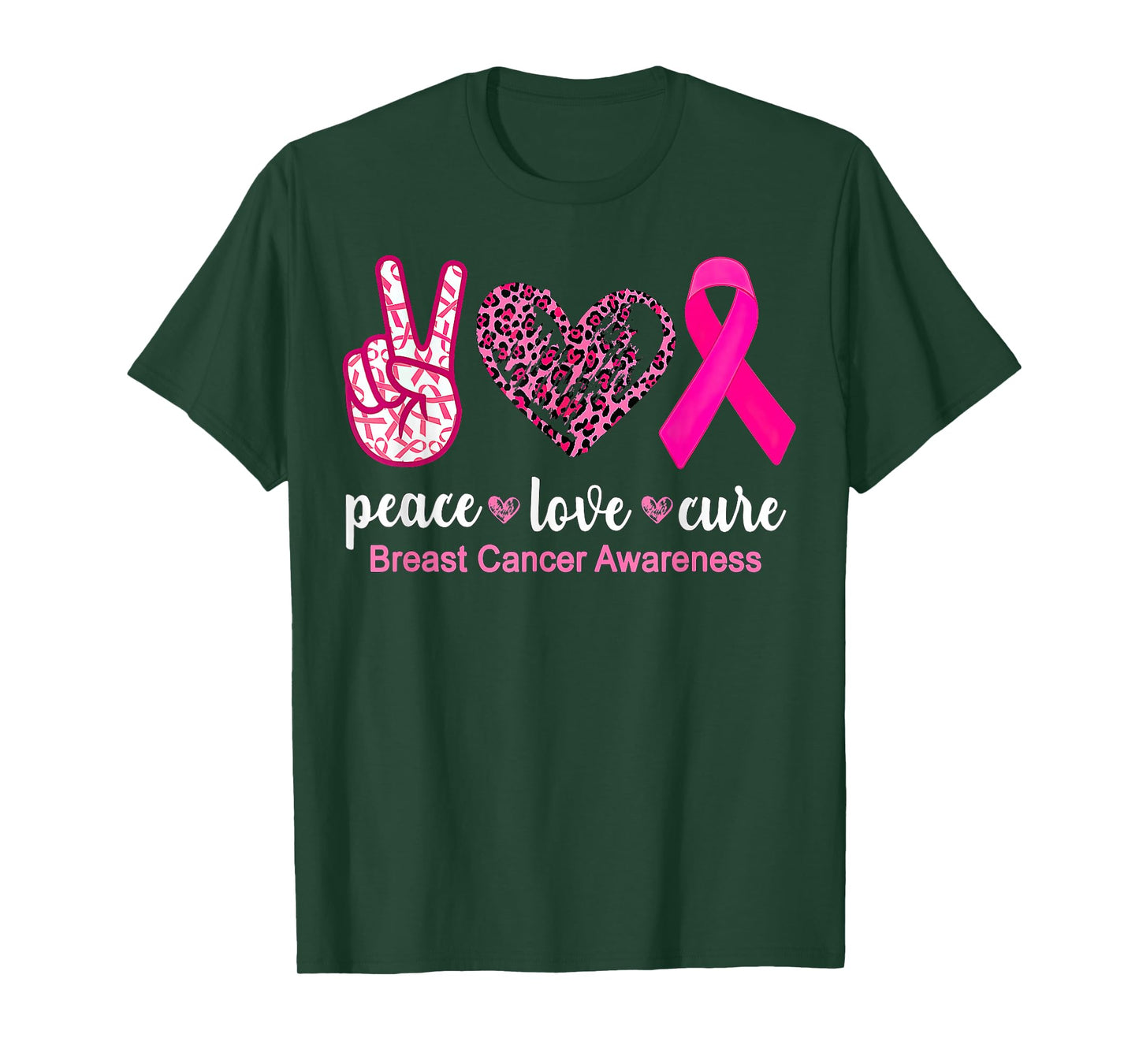 Peace Love Cure Leopard Pink Ribbon Breast Cancer Awareness T-Shirt
