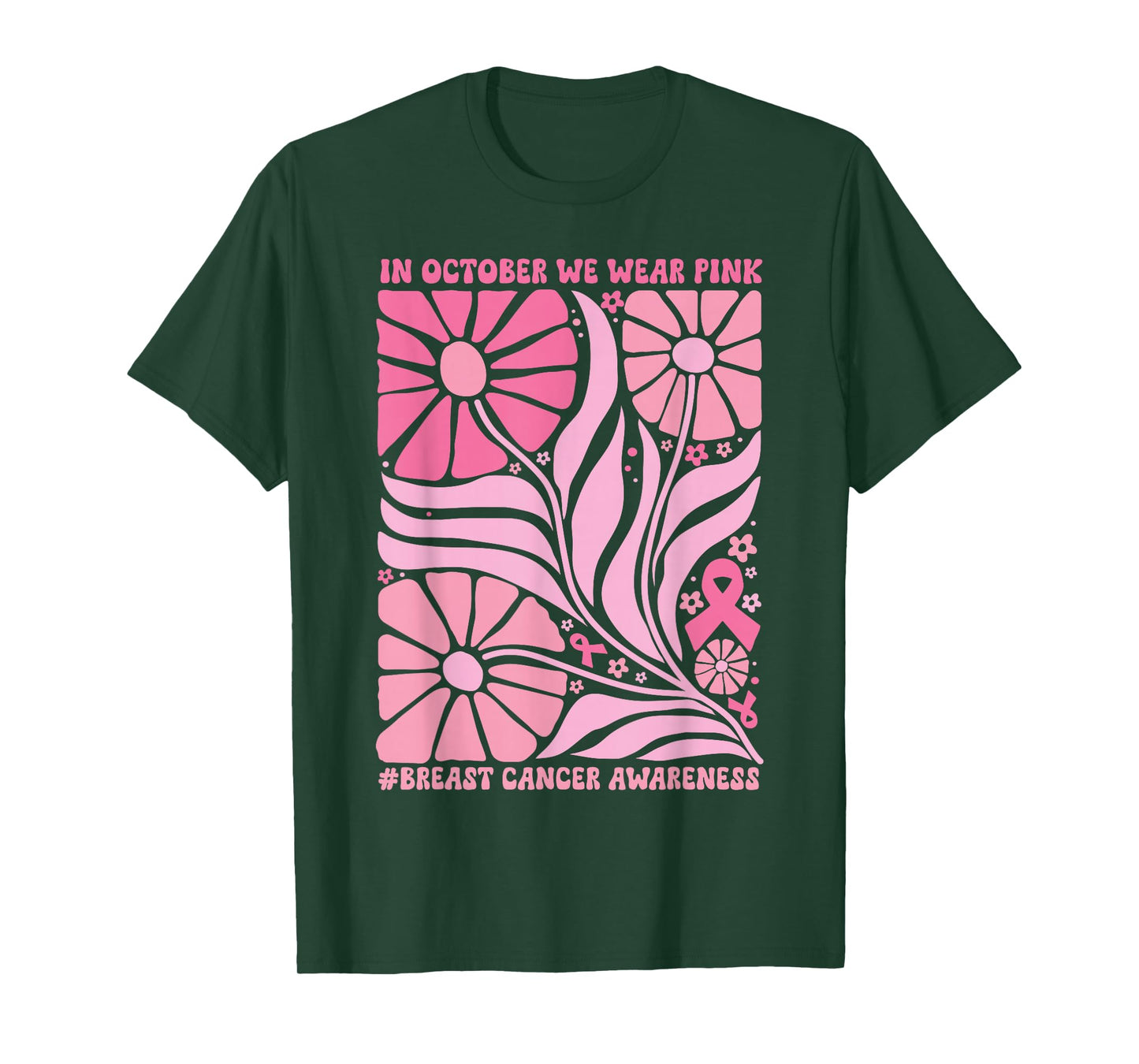 in October We Wear Pink Breast Cancer Awareness Boho Flowers T-Shirt