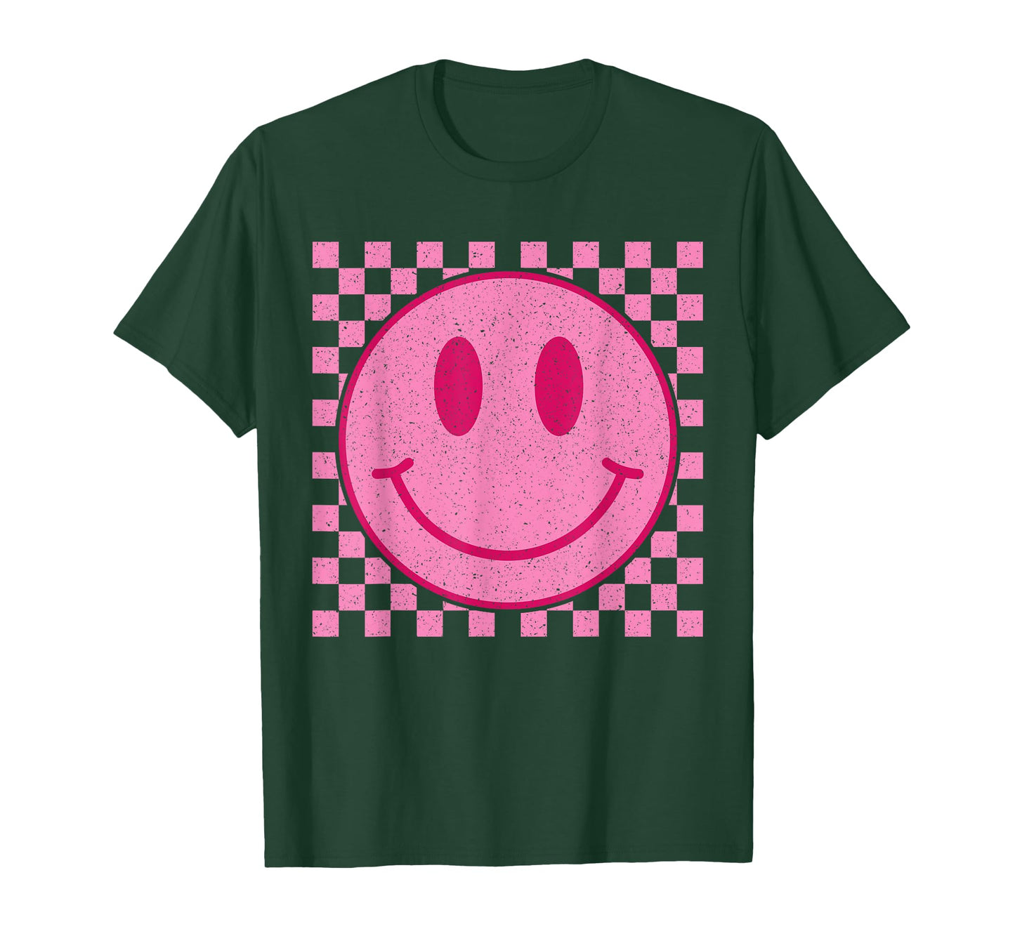 Retro Pink Happy Face Checkered Pattern Smile Face Trendy T-Shirt