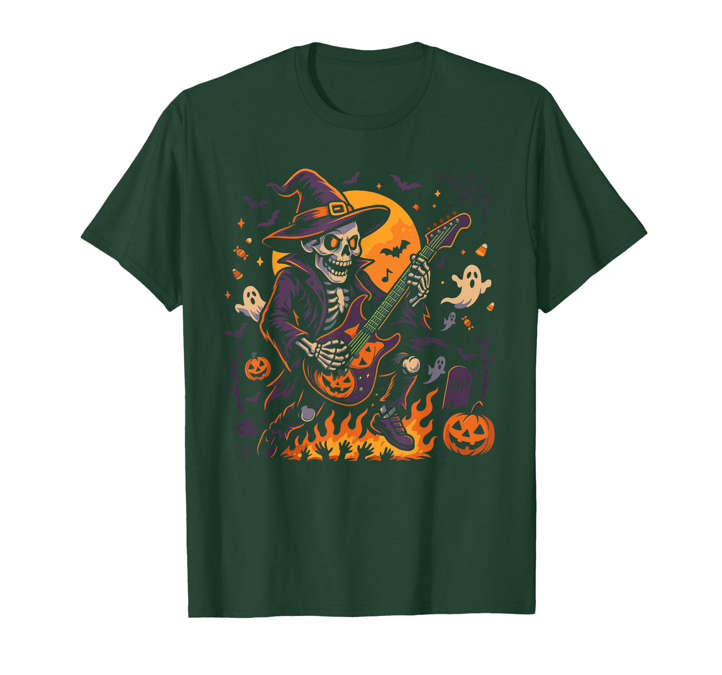 Rocking Skeleton Witch Guitar Halloween Ghost Pumpkin T-Shirt