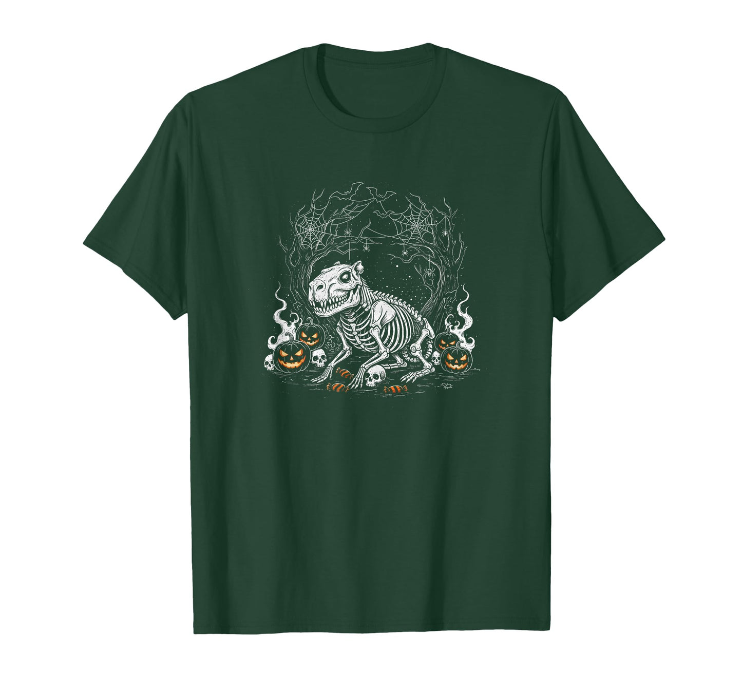 Spooky Capybara Skeleton Bones with Pumpkins and Webs T-Shirt