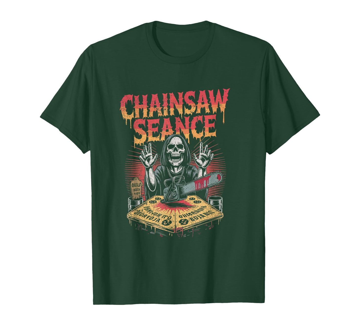 Skeleton Summoner at Ouija Table with Chainsaw Halloween T-Shirt