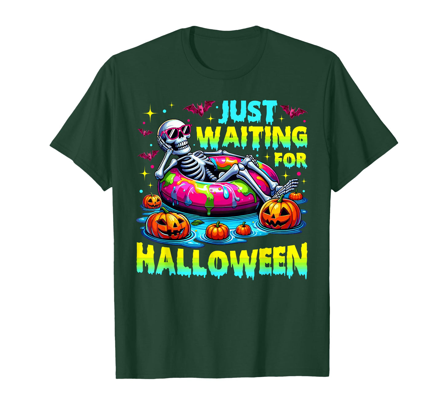 Retro Just Waiting for Halloween Skeleton On Float Summer T-Shirt
