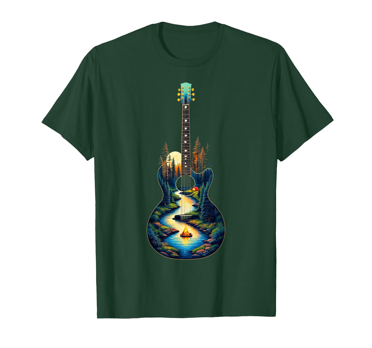 Guitar Lake Reflections Forest Pine Tree Moon Camp Guitarist T-Shirt