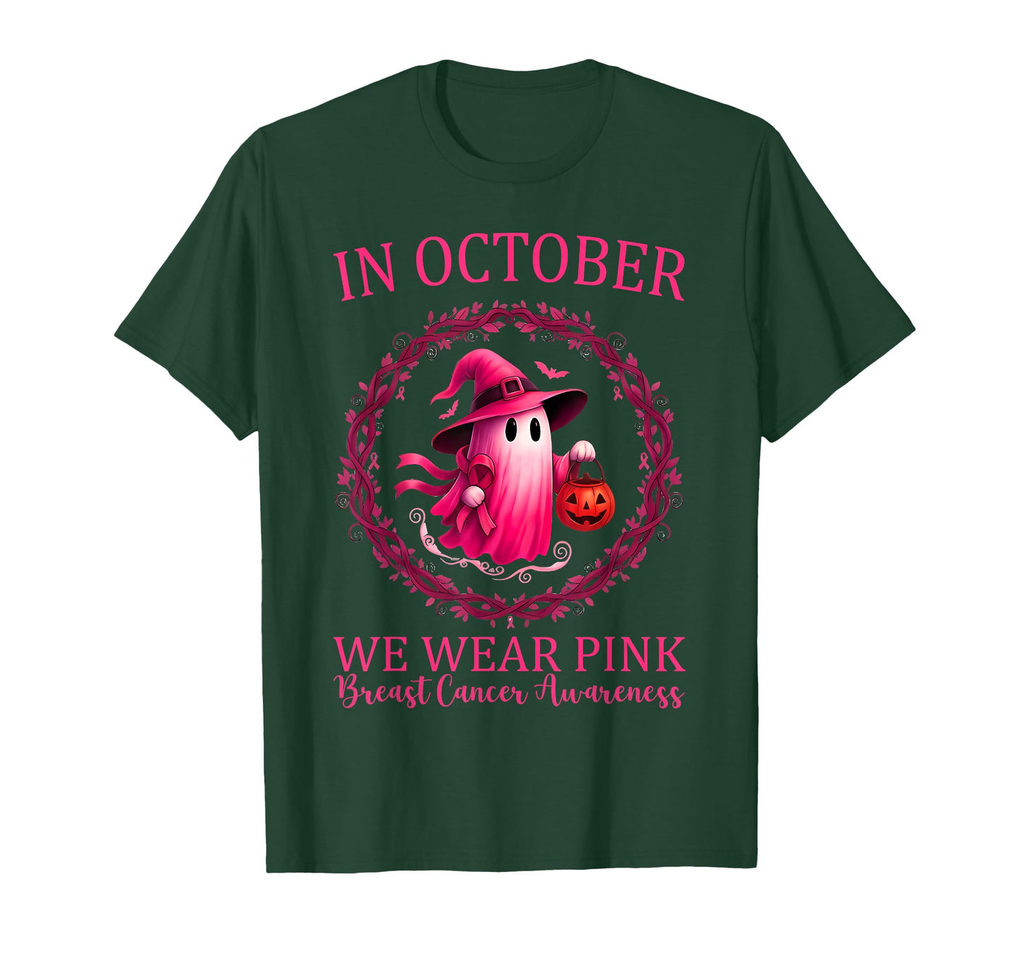 in October We Wear Pink Ribbon Ghost Breast Cancer Awareness T-Shirt