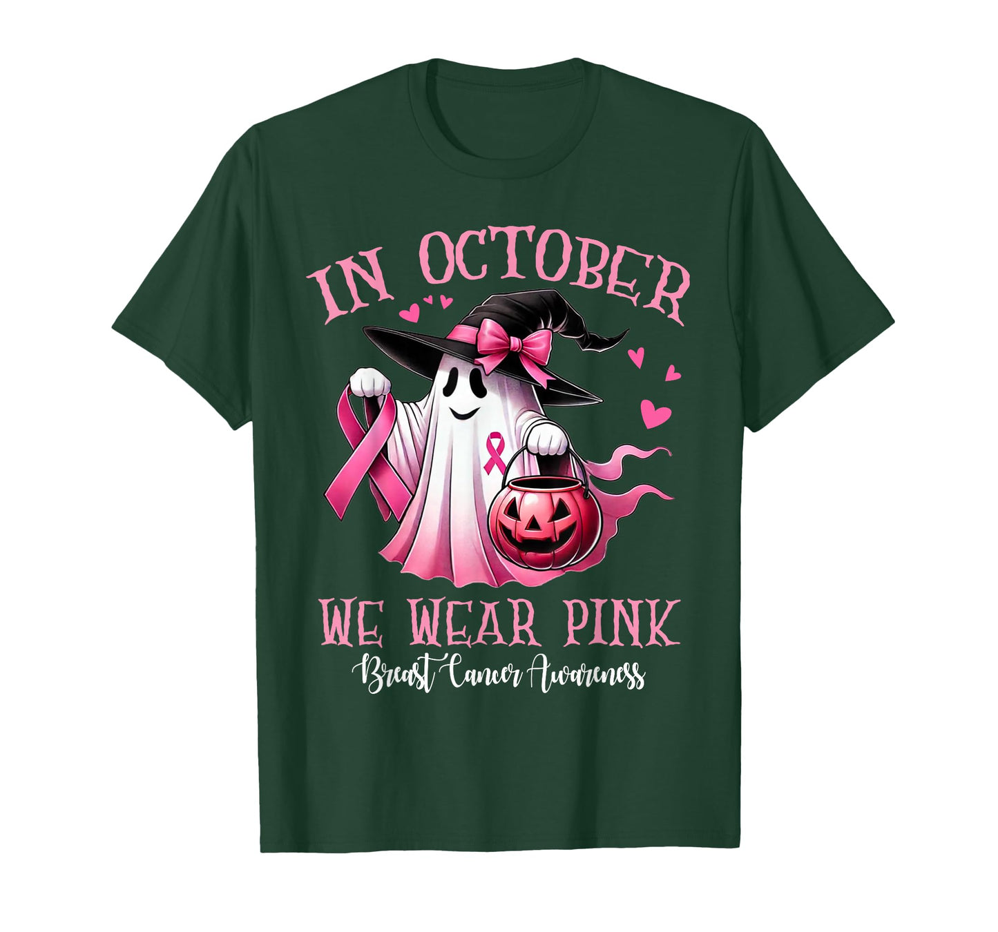 in October We Wear Pink Ghost Witch Halloween Breast Cancer T-Shirt