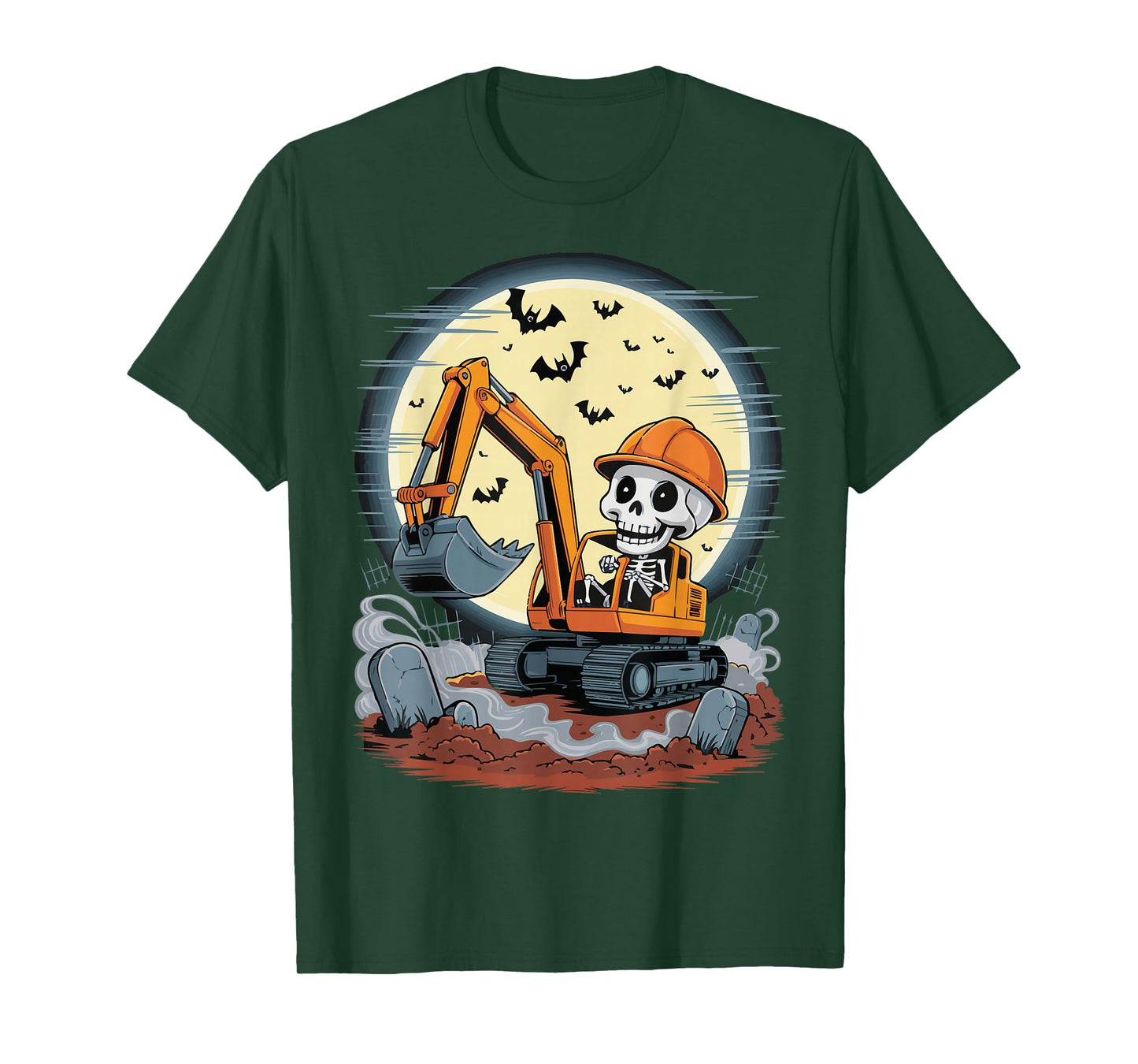 Funny Skeleton Driving Excavator Halloween Construction Kids T-Shirt