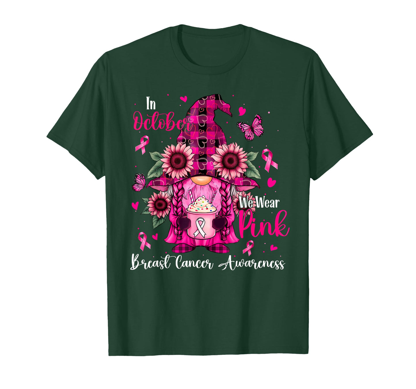 In October We Wear Pink Breast Cancer Awareness Gnome Floral T-Shirt