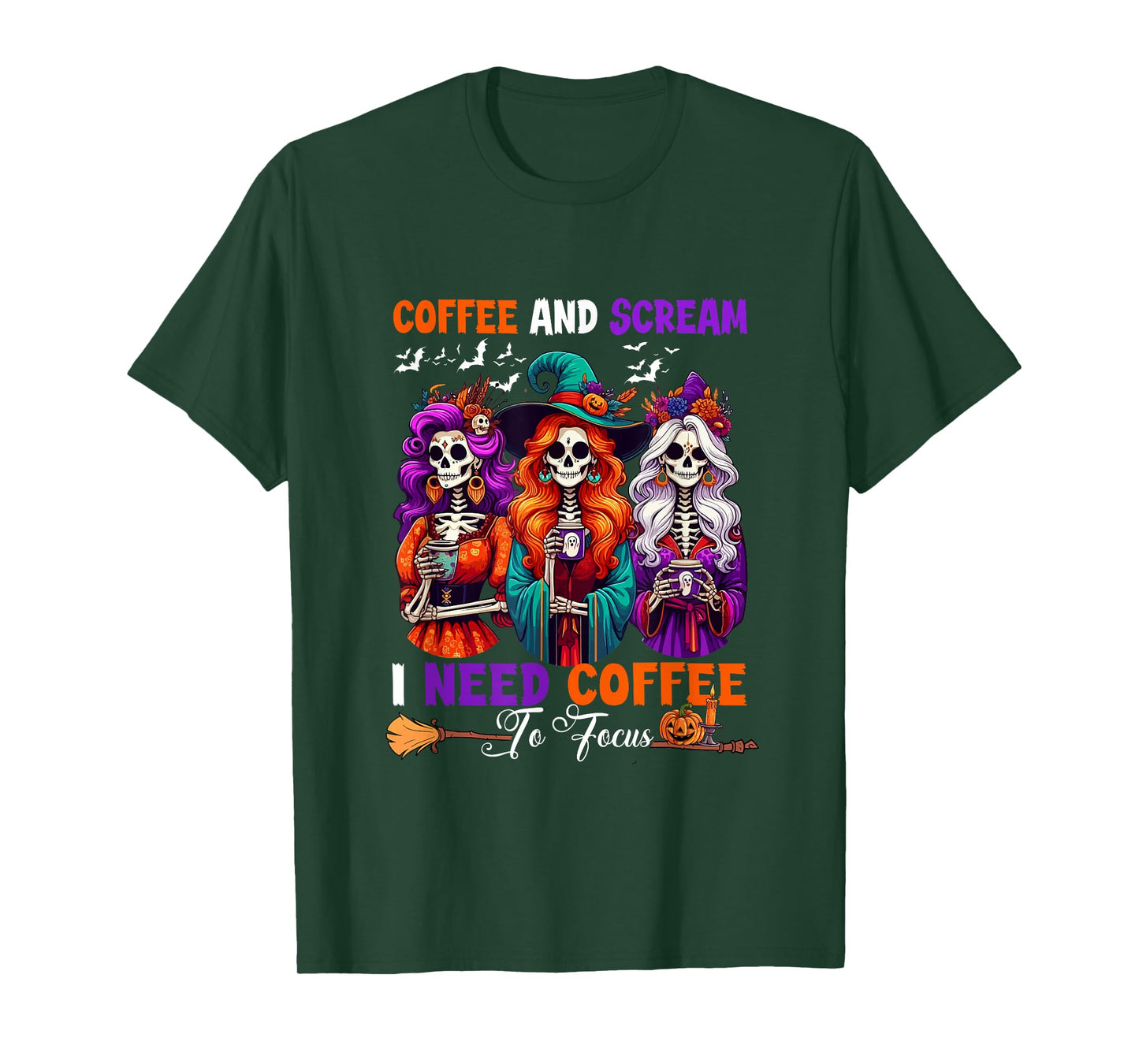 Scream and Coffee Need Coffee to Focus Halloween Skeletons T-Shirt