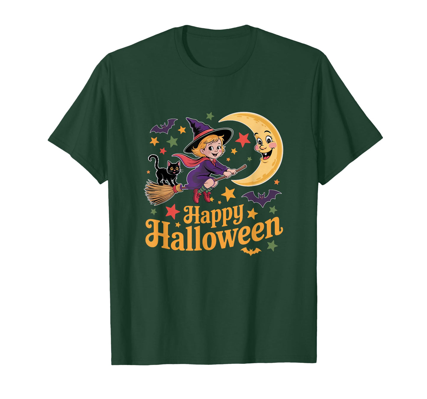 Happy Halloween Moon Cute Witch On Broomstick Cat Bats Lover T-Shirt