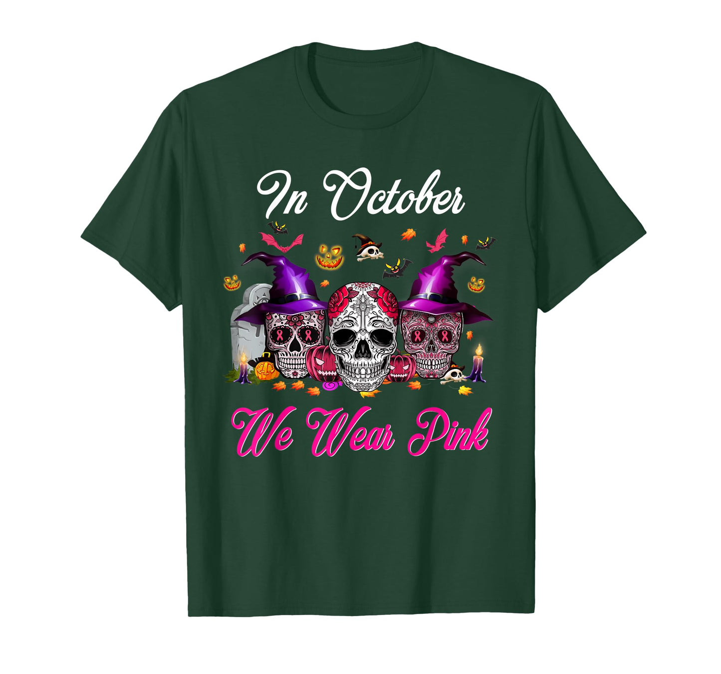 Sugar Skull In October We Wear Pink Breast Cancer Halloween T-Shirt