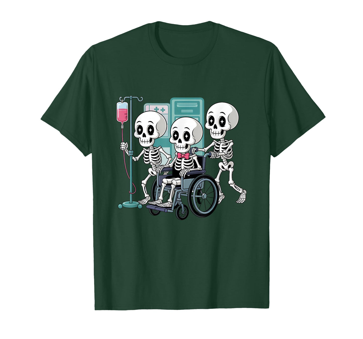Skeletons in Hospital Wheelchair Halloween Medical Nurse T-Shirt