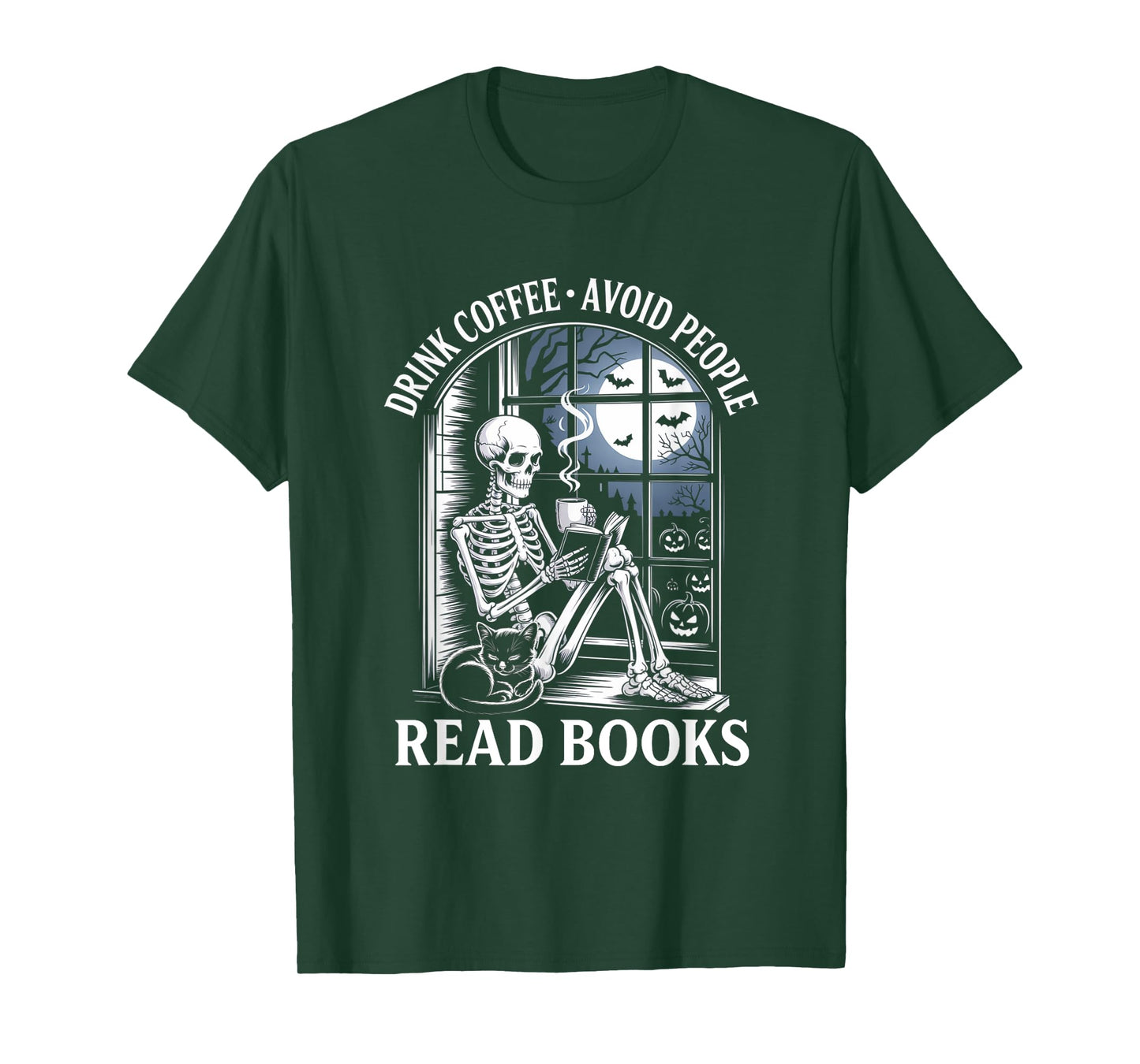 Drink Coffee Avoid People Read Books Skeleton Cat Halloween T-Shirt