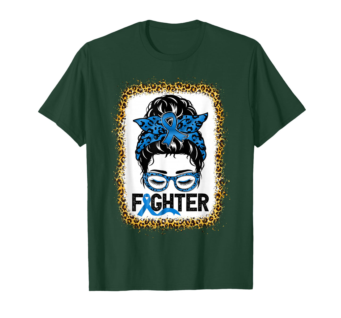 Fighter Messy bun Colon Cancer Awareness Leopard Bleached T-Shirt