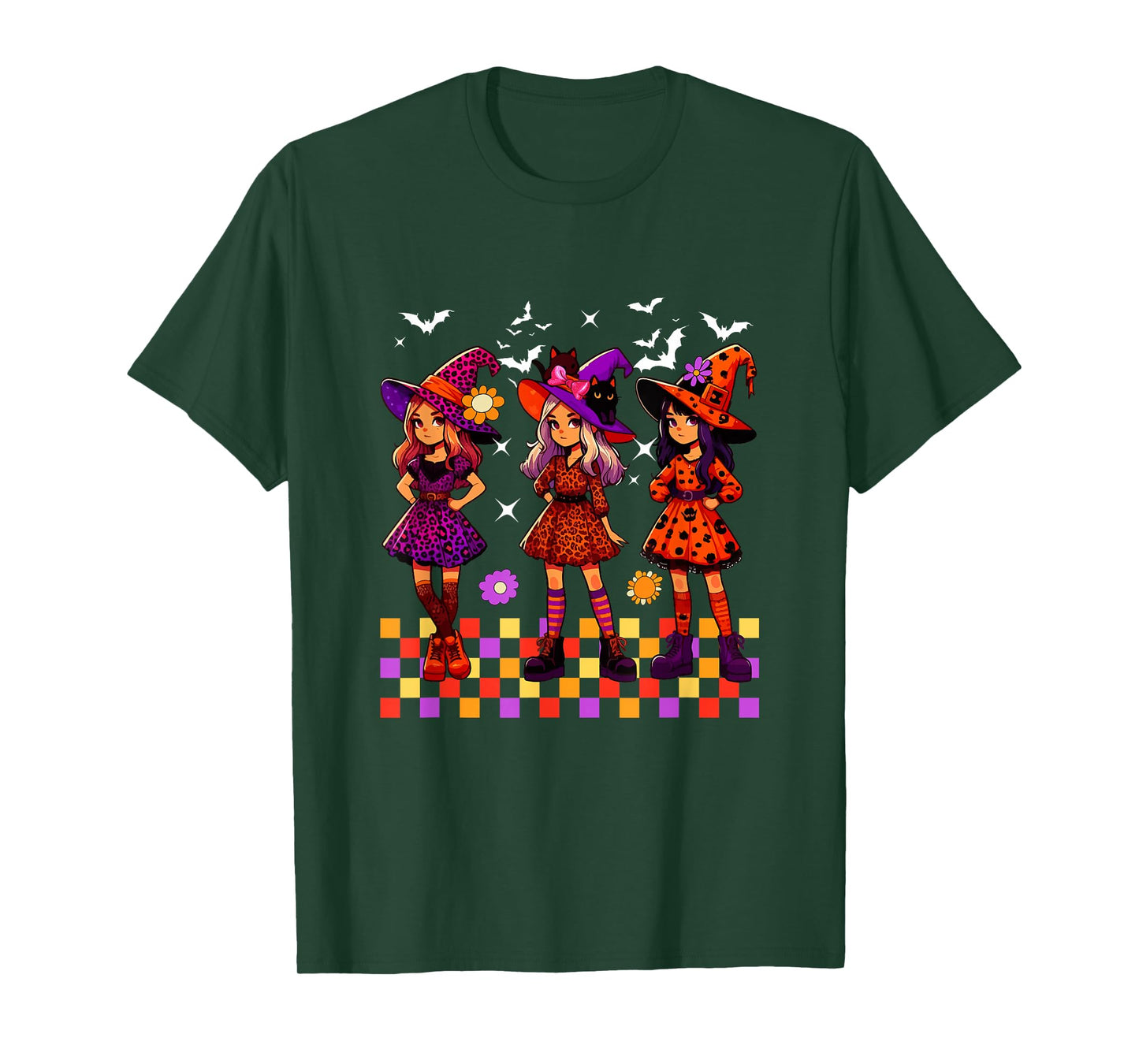 Three Cute Leopard Colorful Witches Bow Tie Halloween Girls T-Shirt