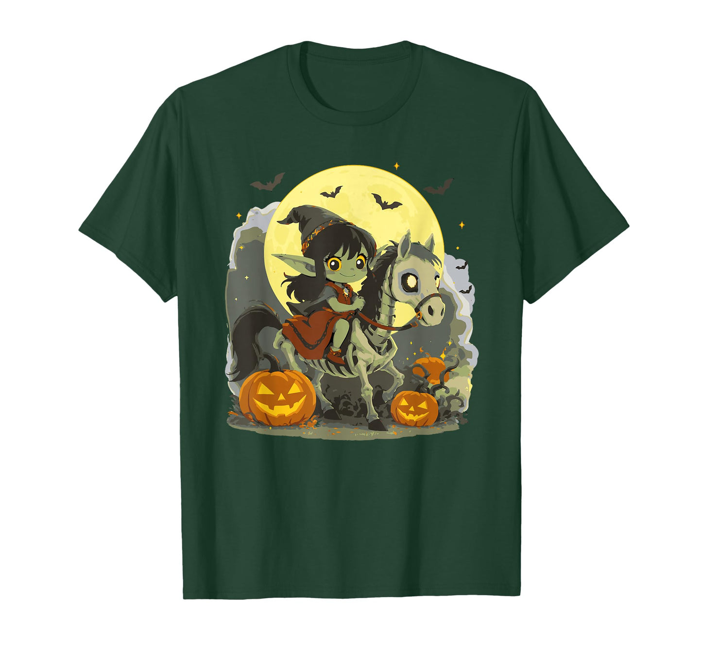 Halloween Girl Dark Elf Goblin Troll Riding Horse Skeleton T-Shirt