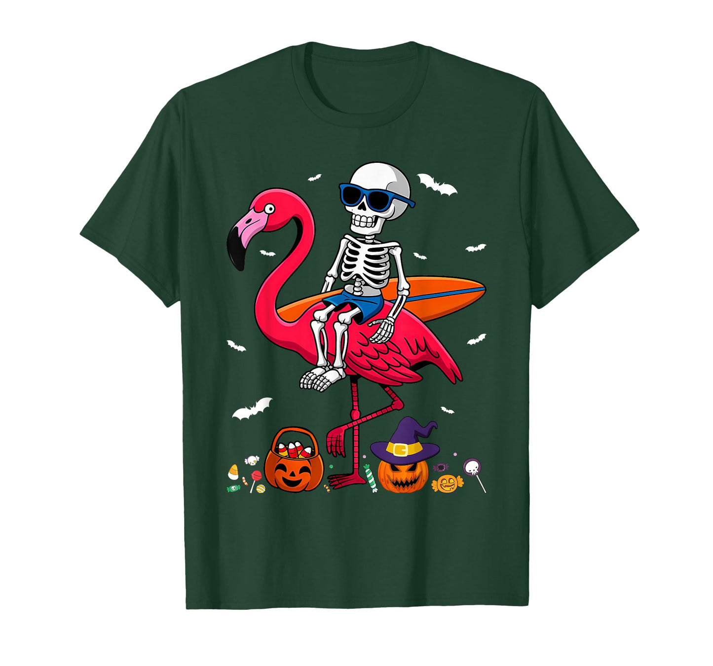 Surfing Skeleton Riding Flamingo Halloween Surfer T-Shirt