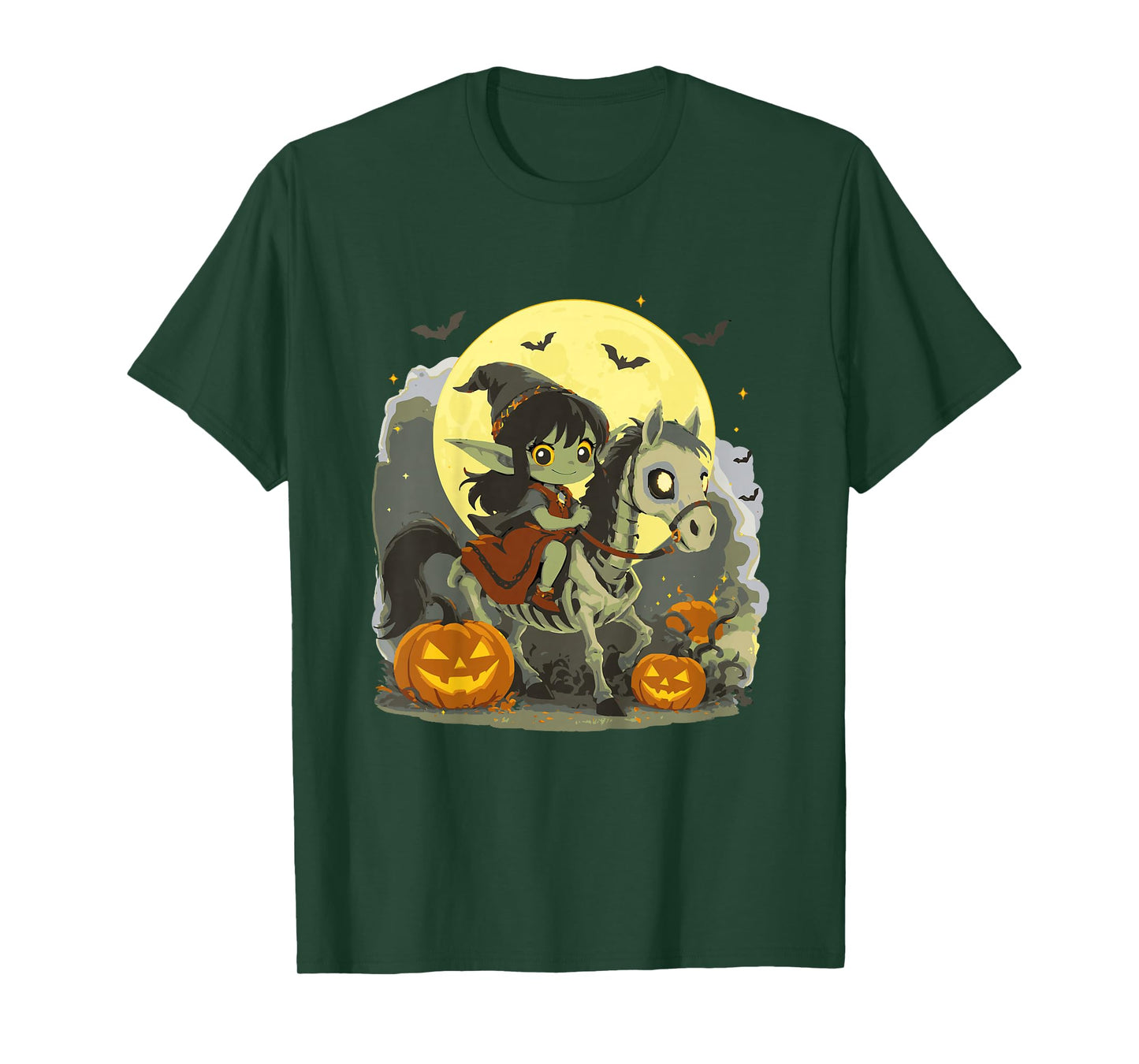 Dark Elf Goblin Troll Girl Riding Horse Skeleton Halloween T-Shirt