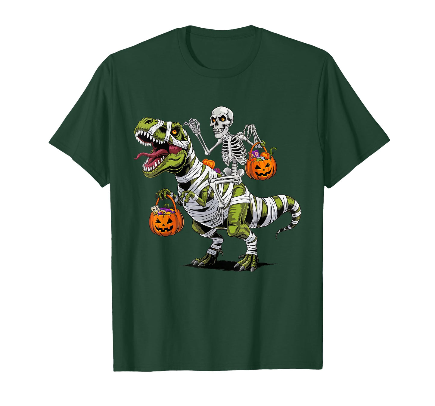 Skeleton Riding Mummy Dinosaur T rex Halloween Funny Pumpkin T-Shirt