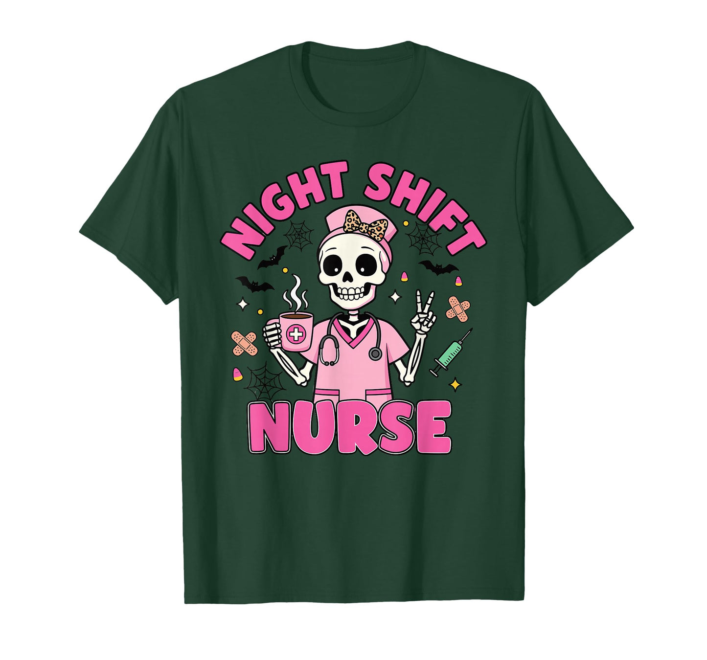 Pink Skeleton Halloween Night Shift Nurse T-Shirt