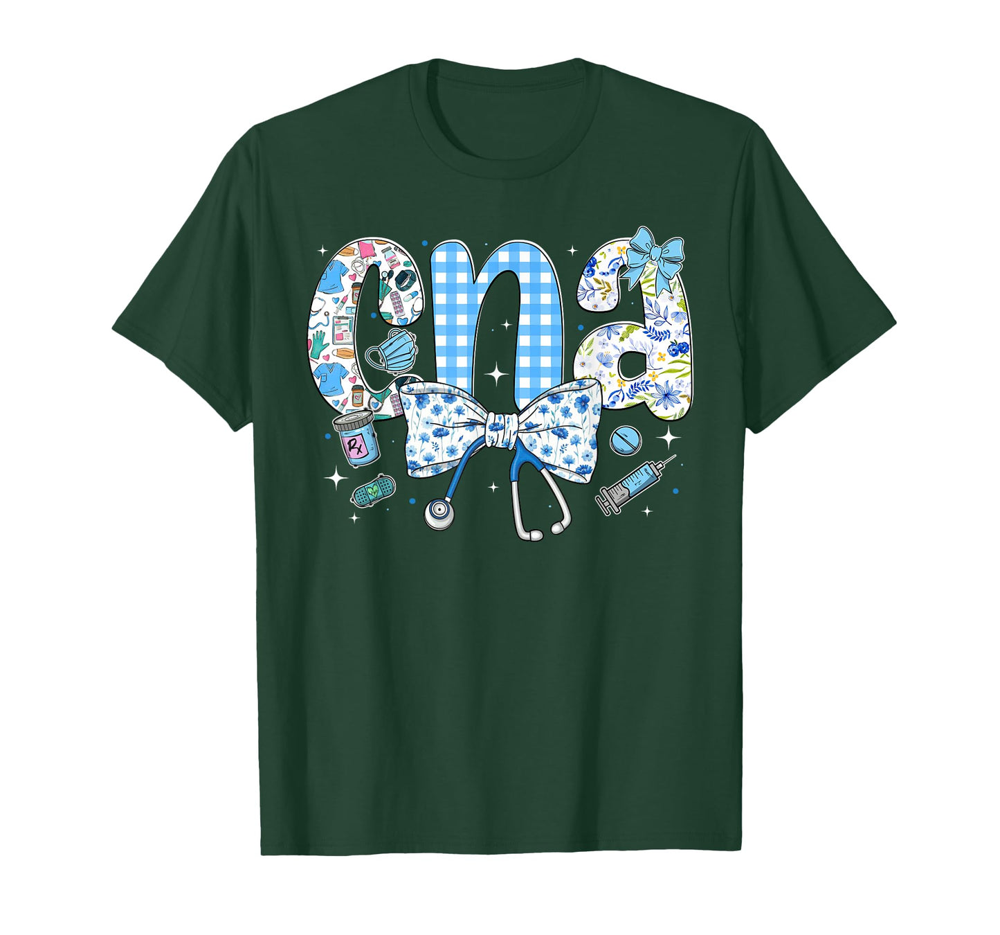 CNA Nurse Blue Floral Stethoscope Coquette Bow Cute Nurse T-Shirt